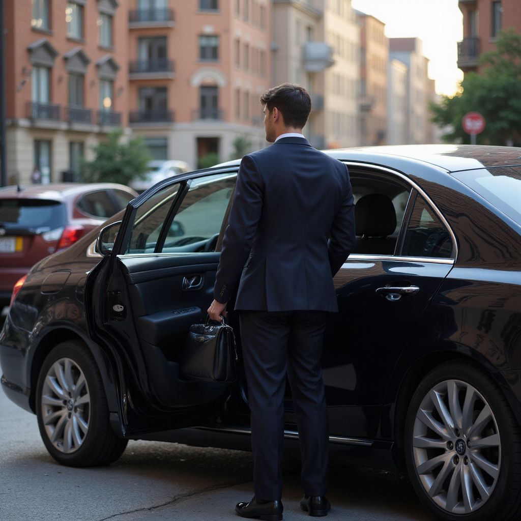 Man in suit, holding briefcase, exiting a black sedan on a city street.