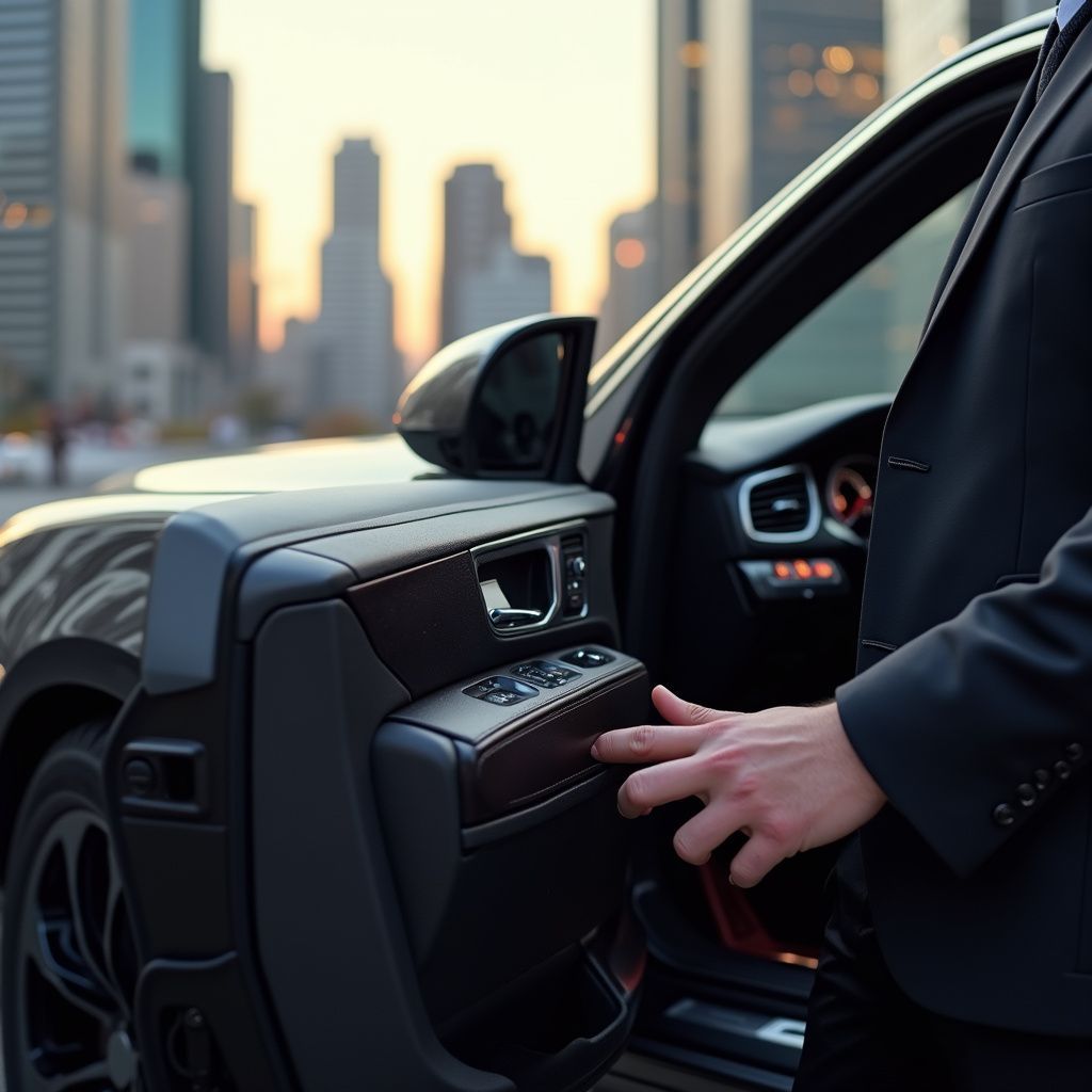 Man in a suit opening a car door in a city setting.