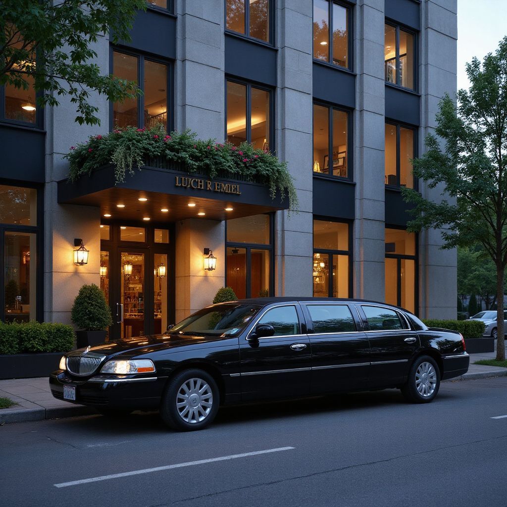 Black limousine parked in front of a modern building with large windows and a floral awning.