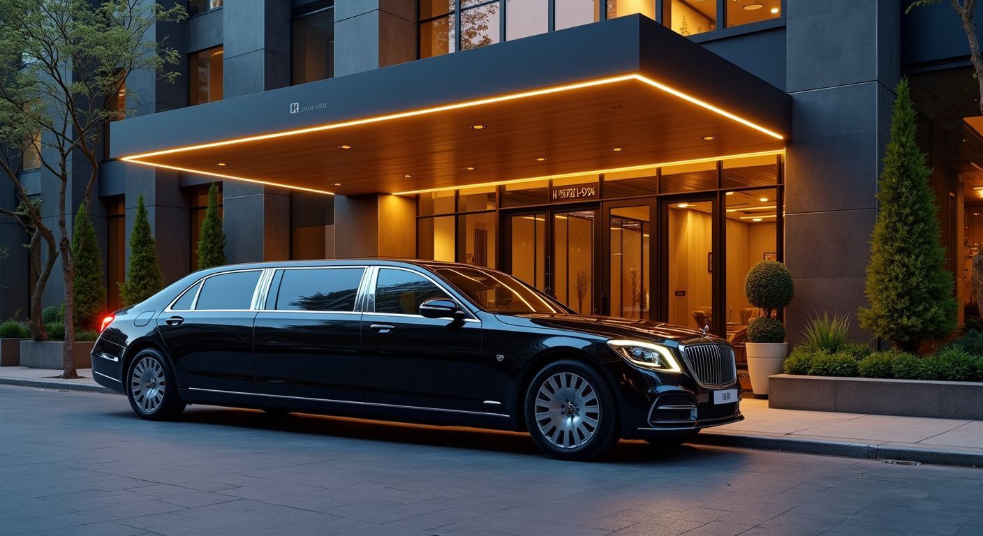 Black limousine parked in front of a modern hotel entrance with gold lighting.