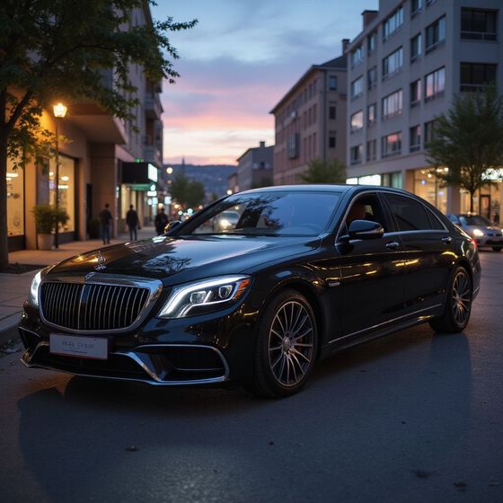 Black luxury sedan parked on a city street at dusk, with a building and street lights visible.
