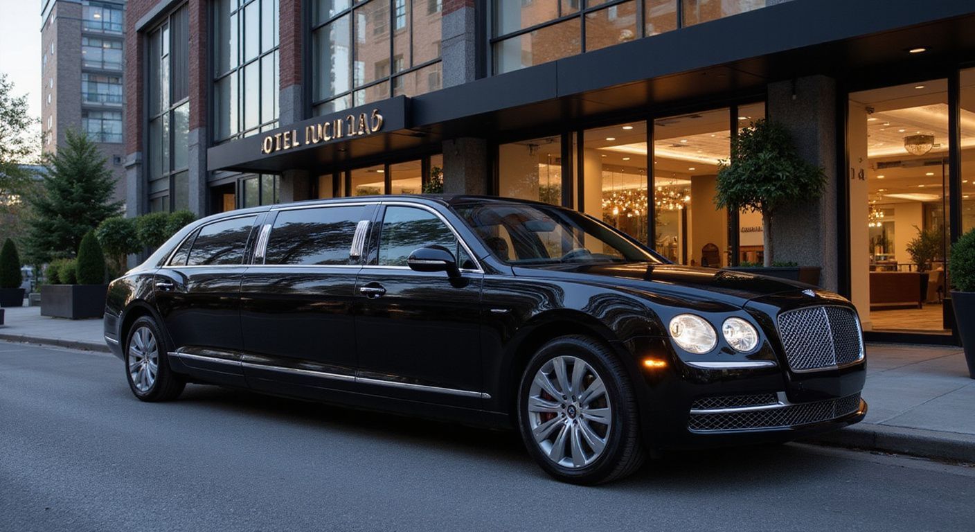 Black Bentley limousine parked in front of a hotel entrance with glass doors.