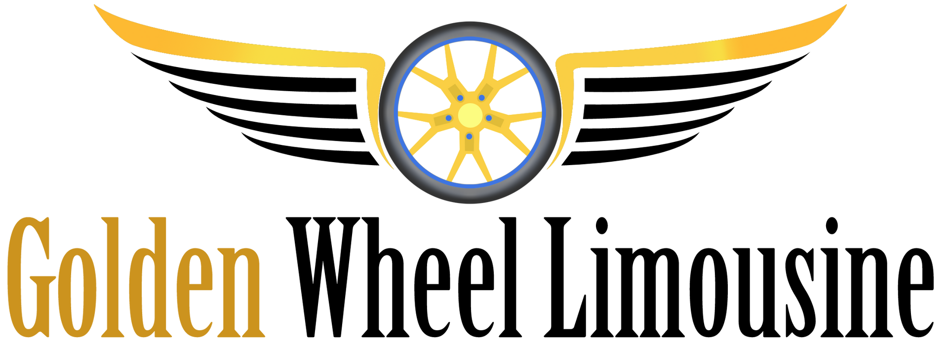 Logo of Golden Wheel Limousine: golden wheel with wings.