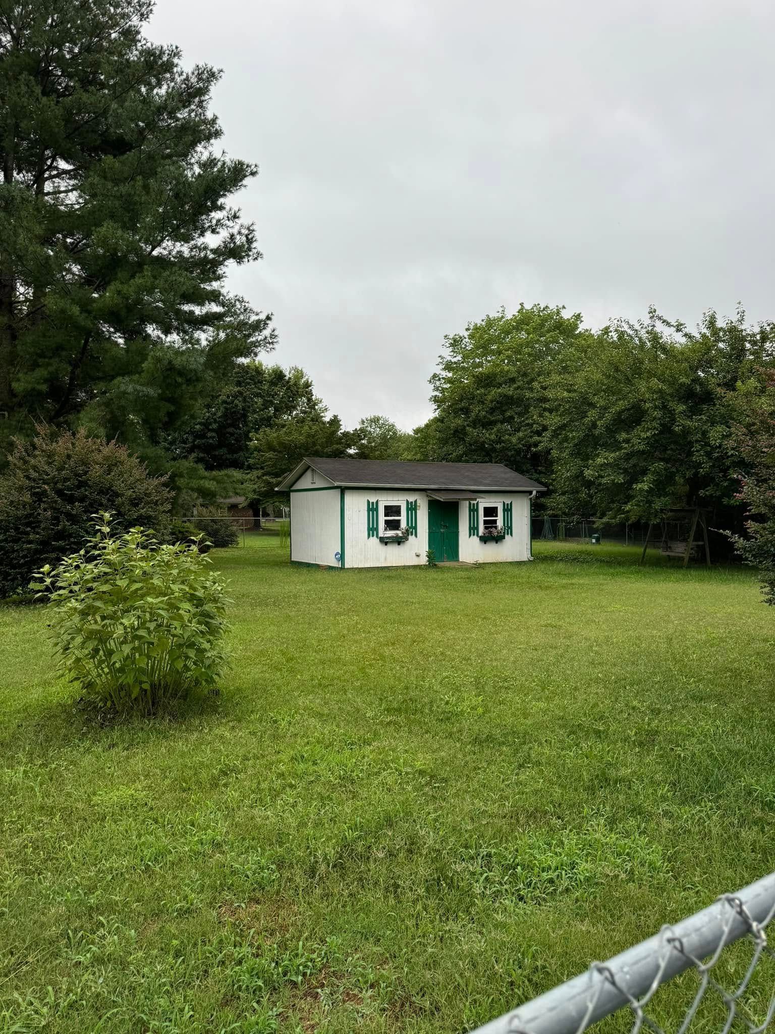 Small white shed with green shutters and door in a grassy yard, surrounded by trees under a cloudy sky.