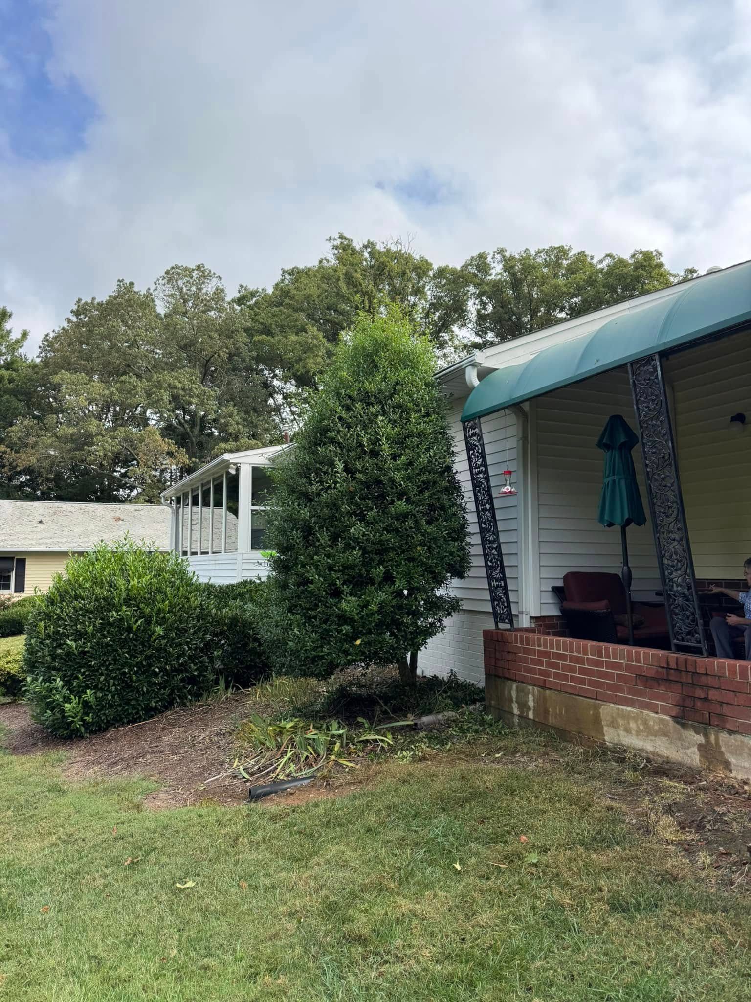 Side view of a house with green lawn, shrubs, and a porch with a green awning. Overcast sky.