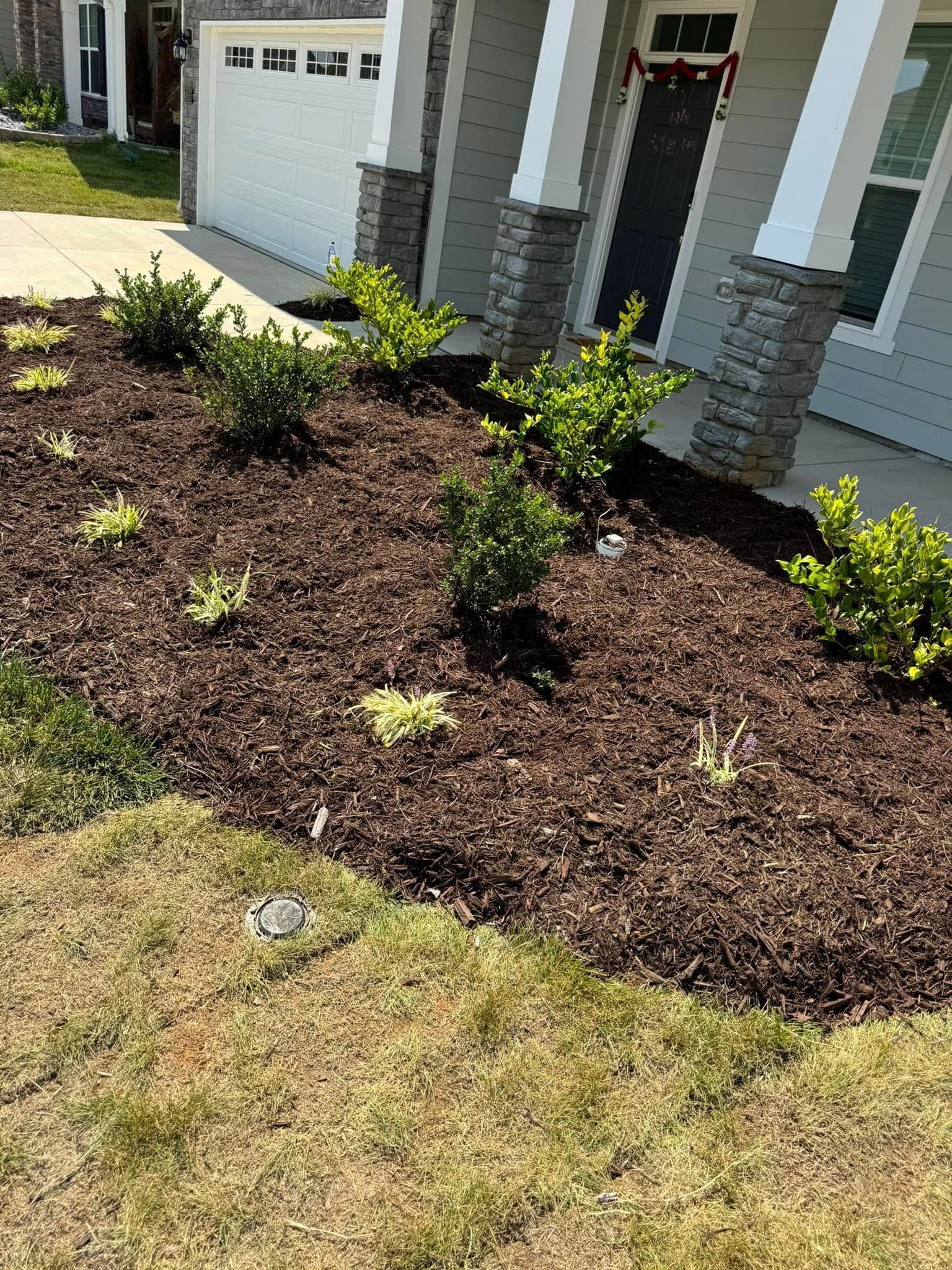 Front yard landscaping with dark brown mulch, green shrubs, and a house with gray siding and white columns.