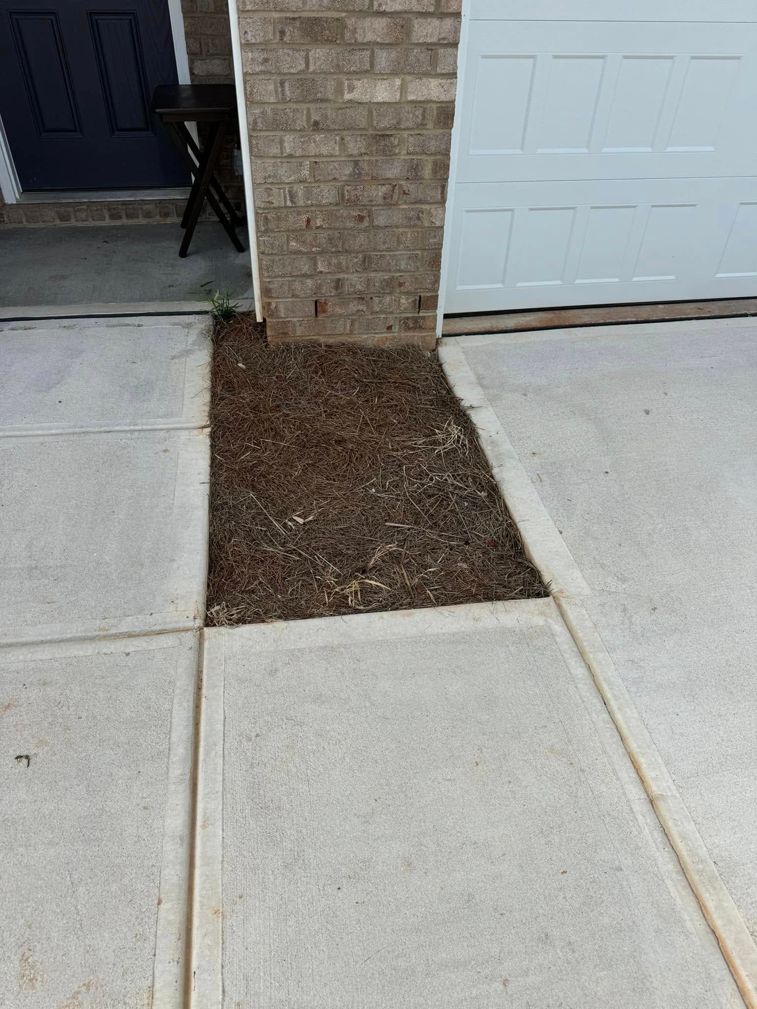A walkway bordered by concrete and mulch leads to a front door and garage in a residential setting.