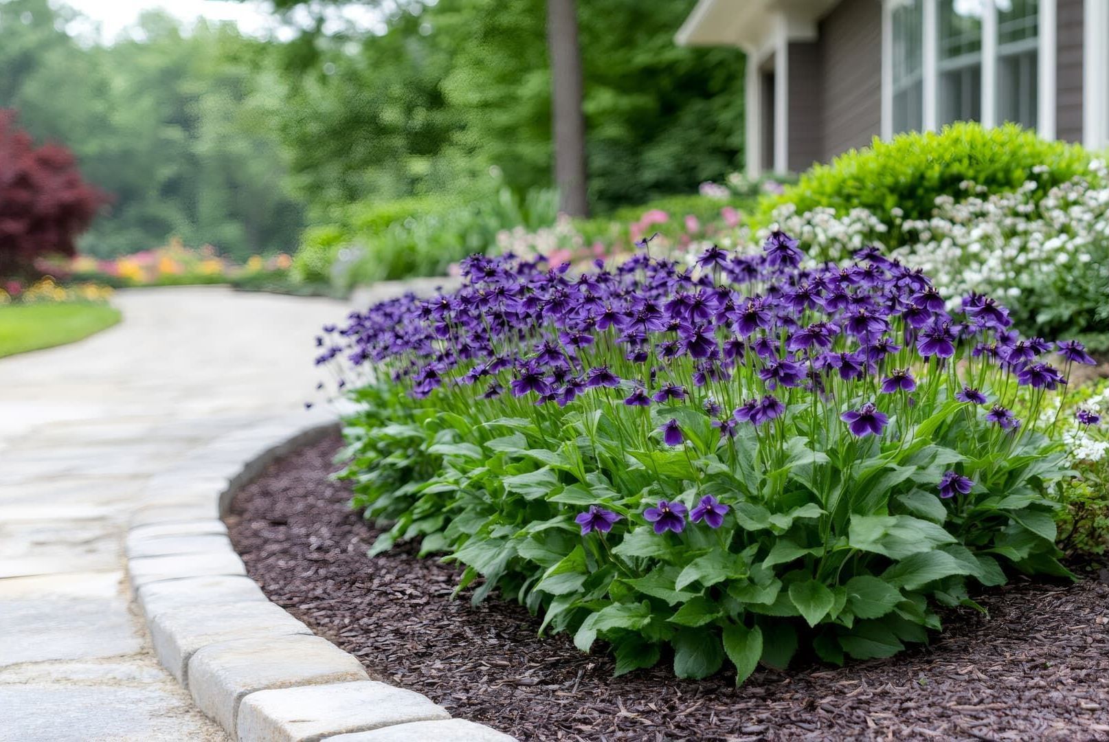 Purple flowers in bloom line a dark mulched bed near a curved stone walkway and a house.