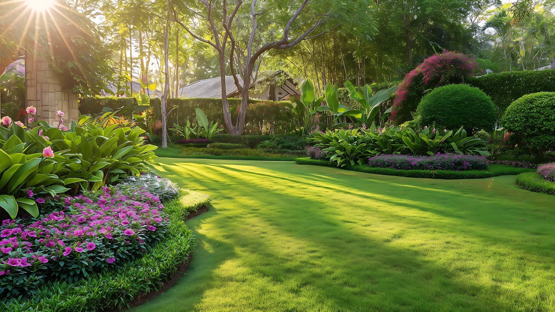 Lush garden with a bright green lawn, vibrant flowers, and tall trees bathed in sunlight.