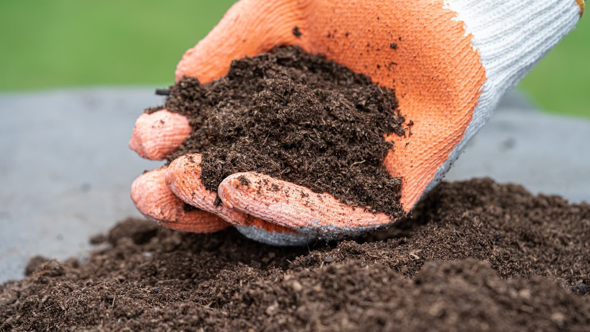 Gloved hand holding a handful of dark, rich soil. The soil sits on a pile, with a green background.