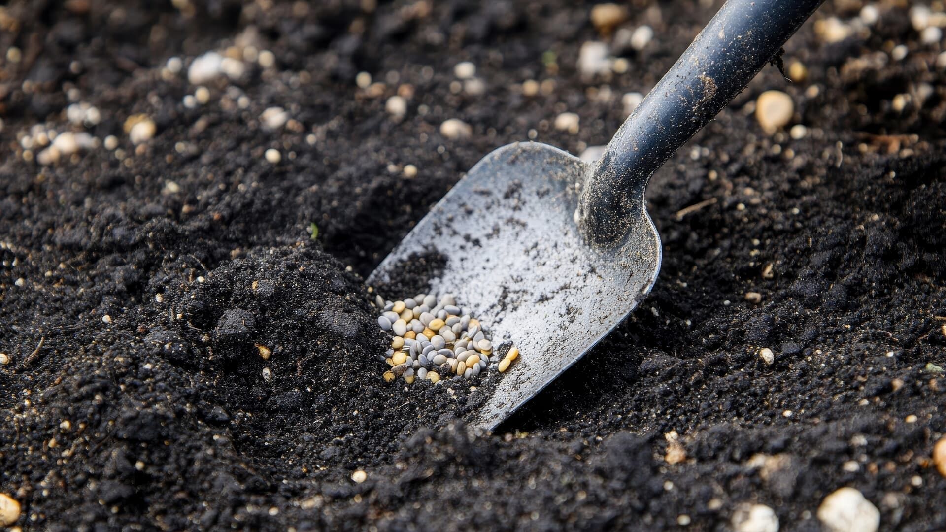 A gardening trowel in dark soil, scooping up seeds.