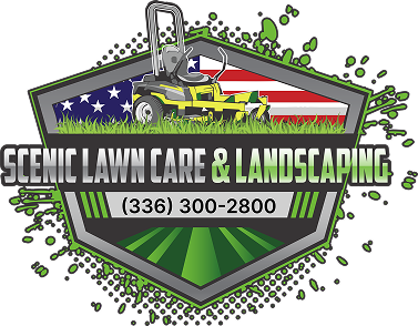Logo for Scenic Lawn Care & Landscaping with lawnmower, American flag, and contact info.