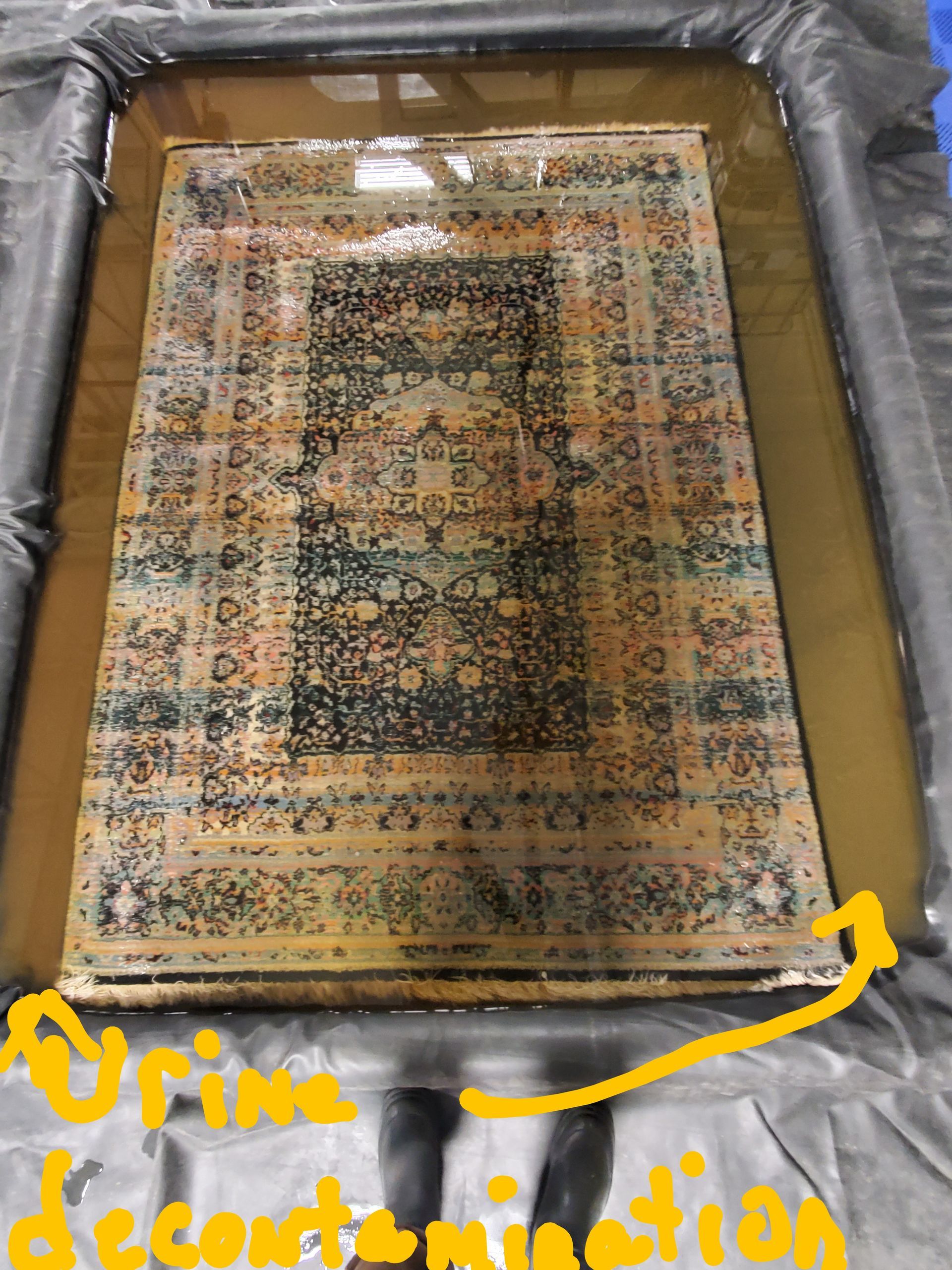Wrapped ornate rug with a decorative border, labeled “trim decoration” in yellow handwriting.
