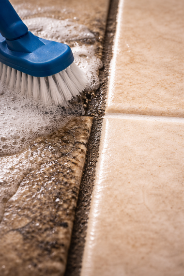A blue-handled scrub brush cleans soapy, dirty grout between light-colored floor tiles.