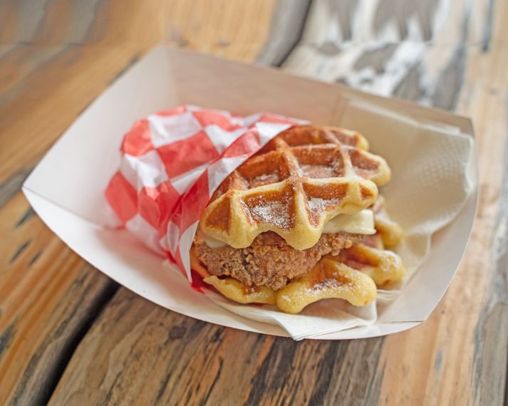 Chick'n Wafflewich with maple, butter and powdered sugar