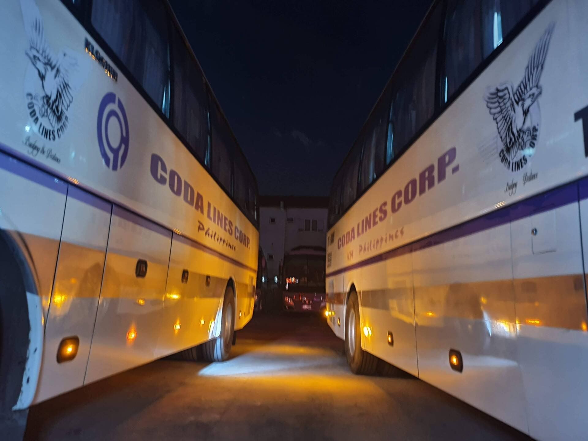 Two coda lines corp buses are parked next to each other