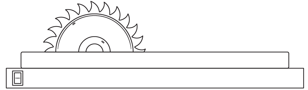 A circular saw with a toothed blade extending above a flat platform. A circular saw with a toothed blade extending above a flat platform.