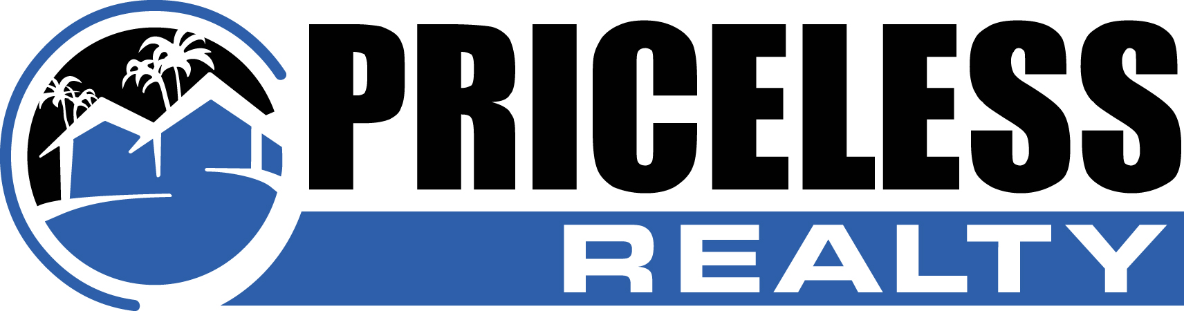 Priceless Realty logo with houses and palm trees in a blue circle. Black text, blue bar: Realty.