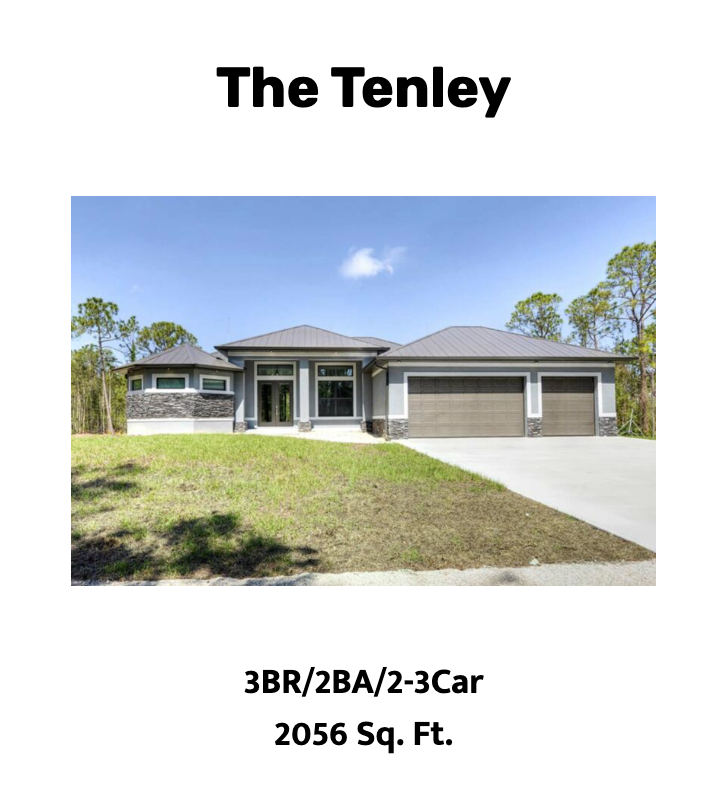 Modern home, "The Tenley," with 3BR/2BA/2-3 car garage, 2056 sq ft. Gray exterior, blue sky, green lawn.