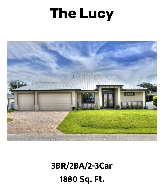 A single-story house with a brick driveway and green lawn; labeled "The Lucy." 3BR/2BA/2-3 Car, 1880 sq. ft.