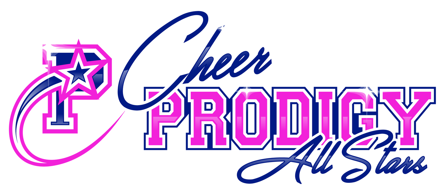 Cheer Prodigy All Stars logo in pink, blue, and white. The logo has a stylized 