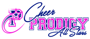 Cheer Prodigy All Stars logo in pink, blue, and white. The logo has a stylized 