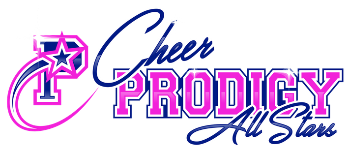 Cheer Prodigy All Stars logo in pink, blue, and white. The logo has a stylized 