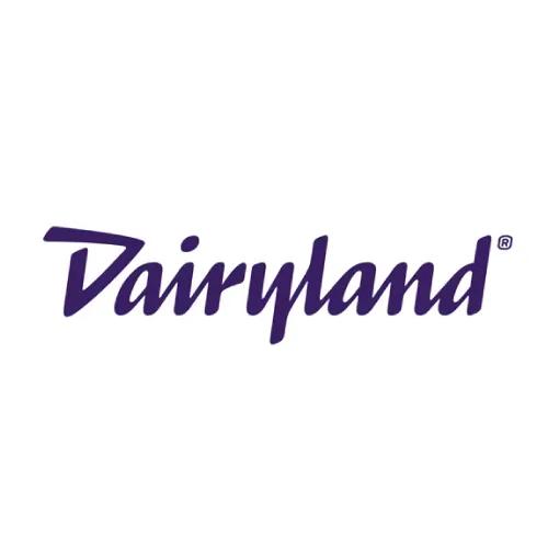 A purple logo for dairyland on a white background.