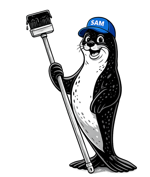 Cartoon penguin wearing a blue “SAM” cap and holding a selfie stick with a phone attached