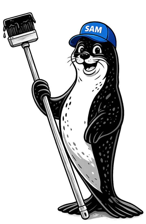 Cartoon seal wearing a blue SAM cap, holding a selfie stick with a phone.