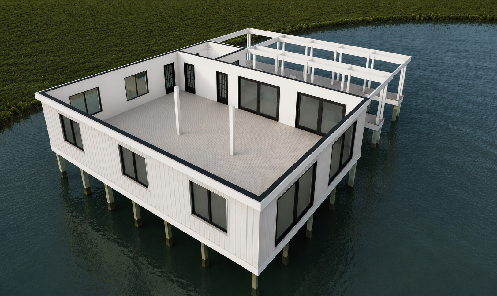 White modern house frame on stilts over water with open roof structure and windows, viewed from above