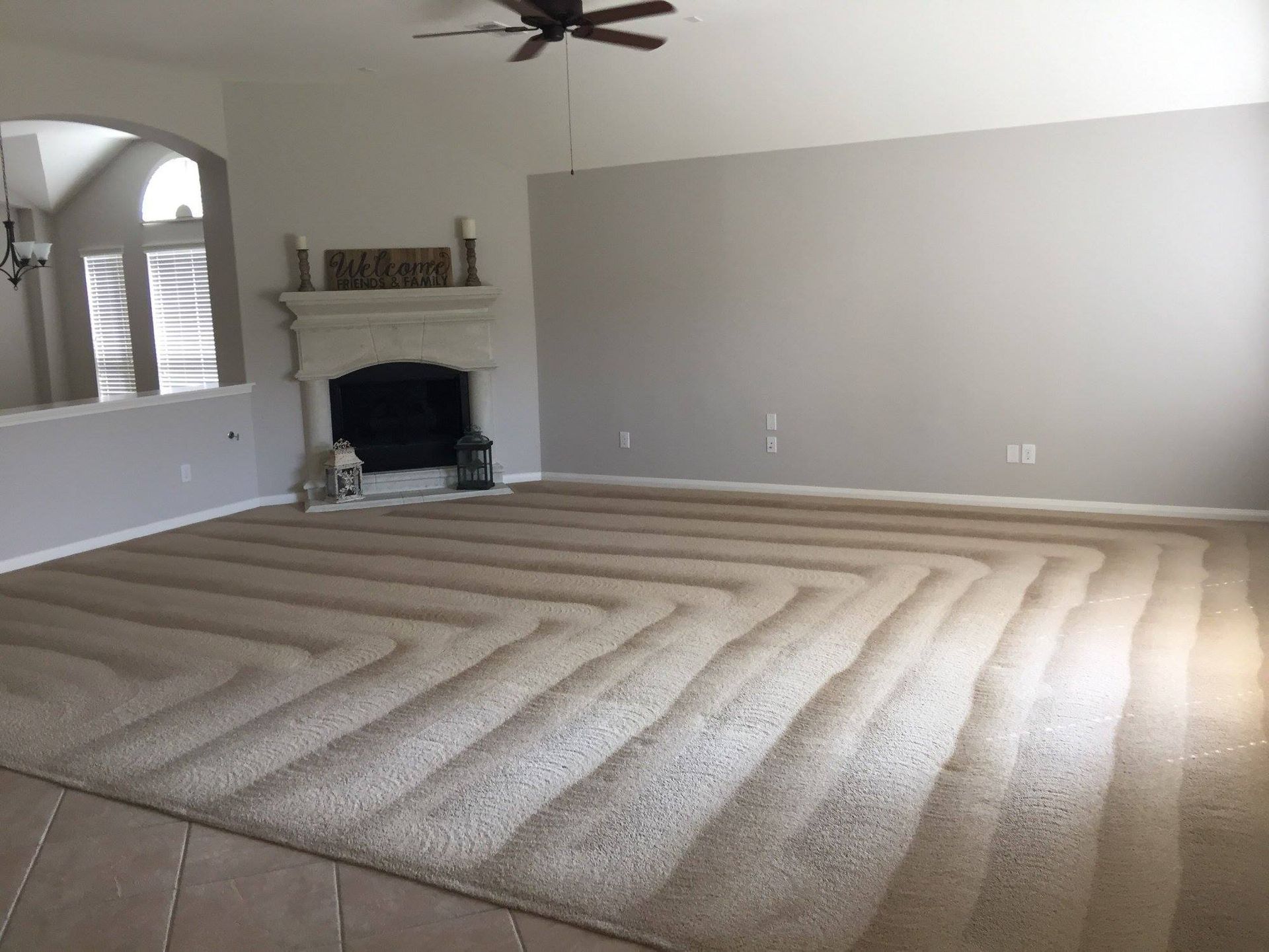 A living room with a fireplace and a large rug