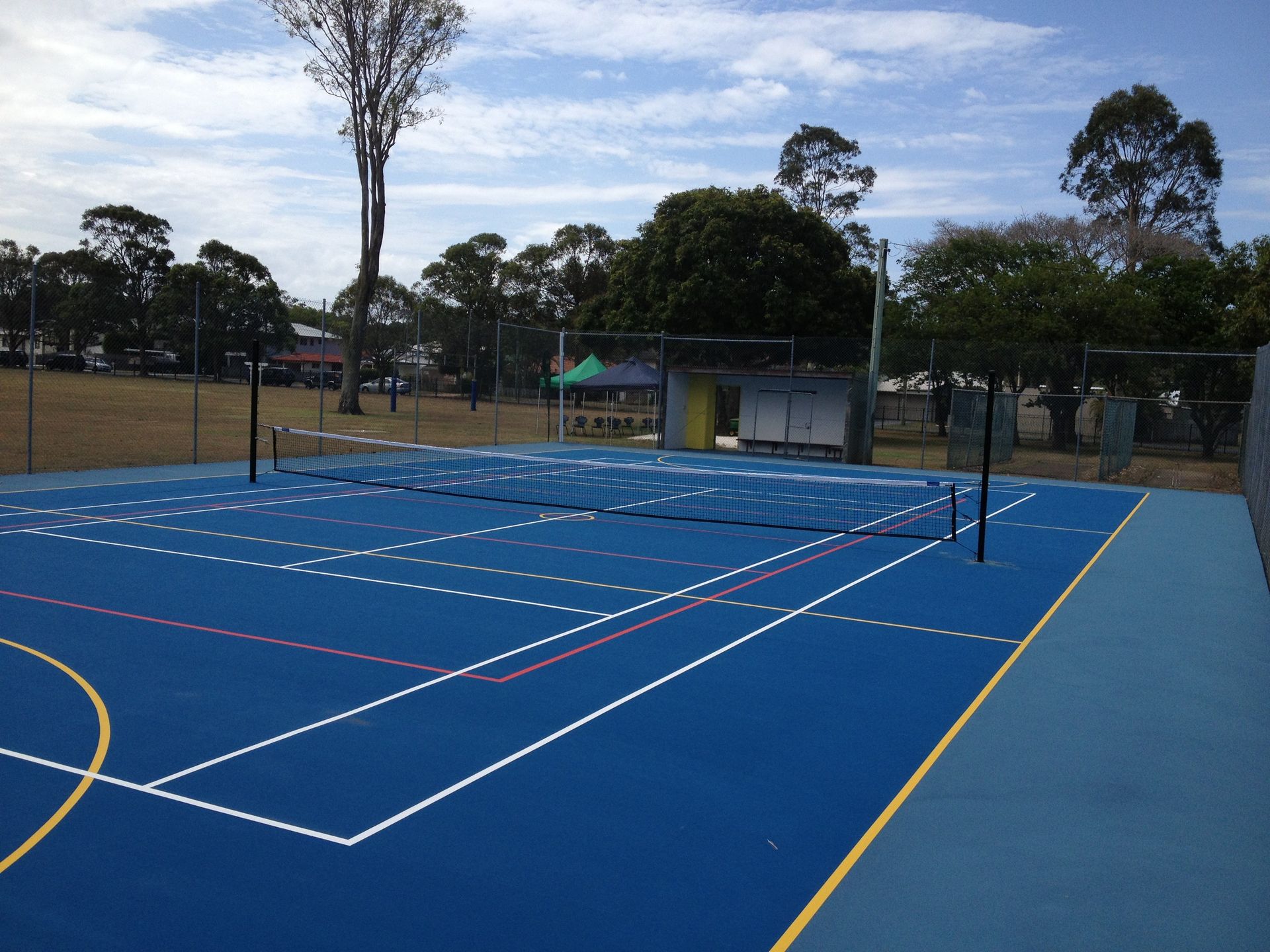 multipurpose court, fencing, sports accessories, tennis, basketball, netball, school court