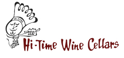 Logo for Hi-Time Wine Cellars featuring a chef-like character with a wine glass, text in dark red.