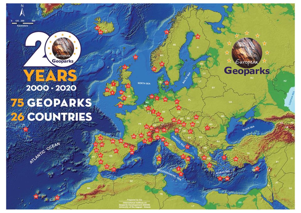 Map of the Network of European Global Geoparks. 75 Geoparks in 26 countries across Europe