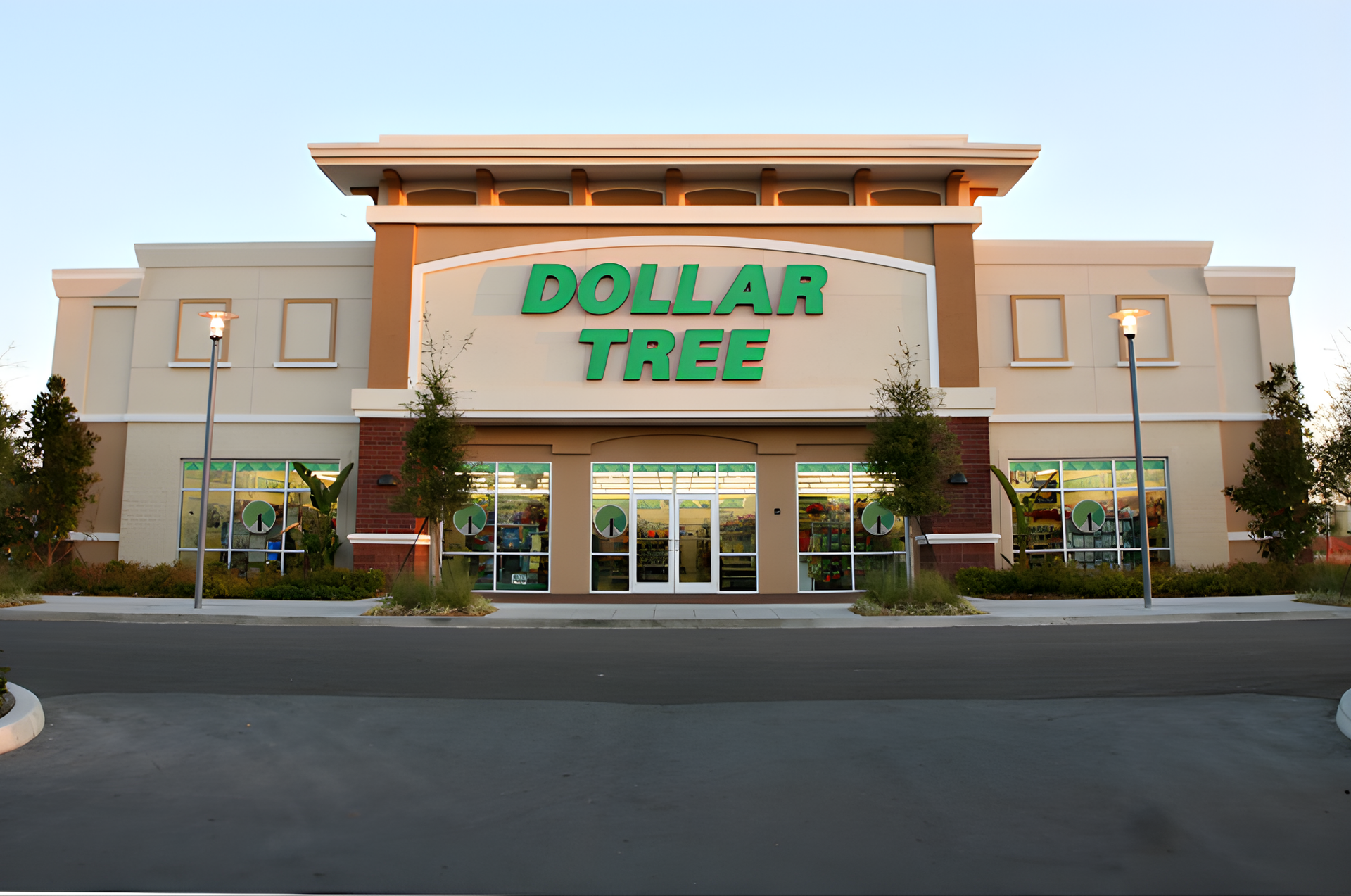 Dollar Tree store exterior with a tan facade and green signage.