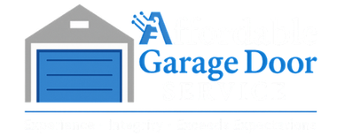 A logo for a garage door company with a blue garage door.