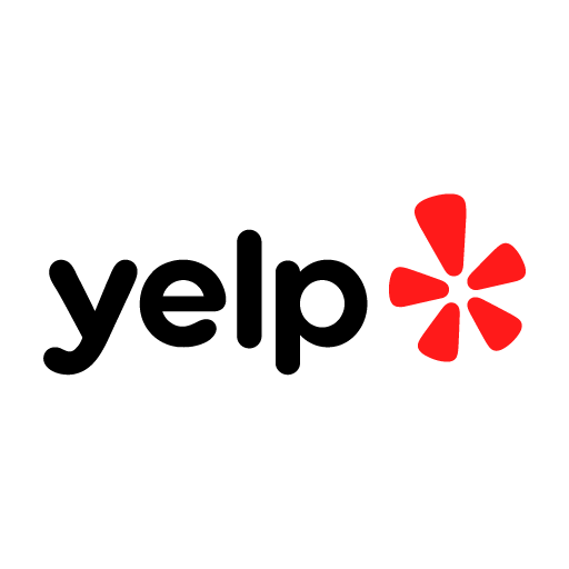 A yelp logo with a red star on a white background.