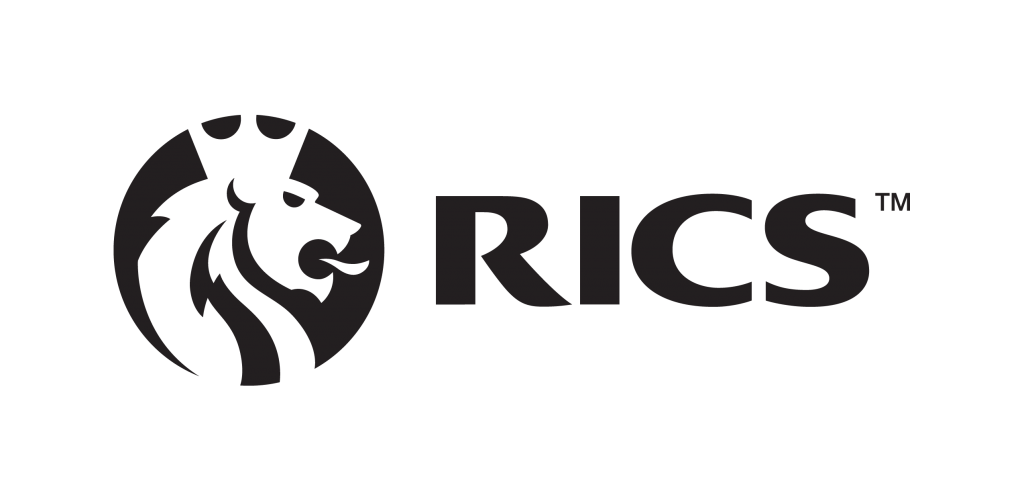 Ein schwarz-weißes Logo für Rics mit einem Löwen im Kreis.