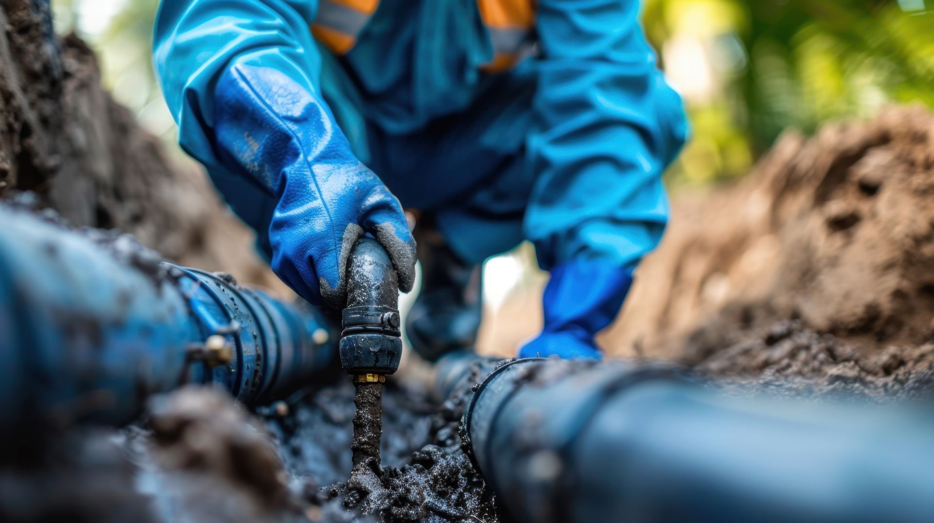 Worker in blue gloves connecting water pipes in a trench.