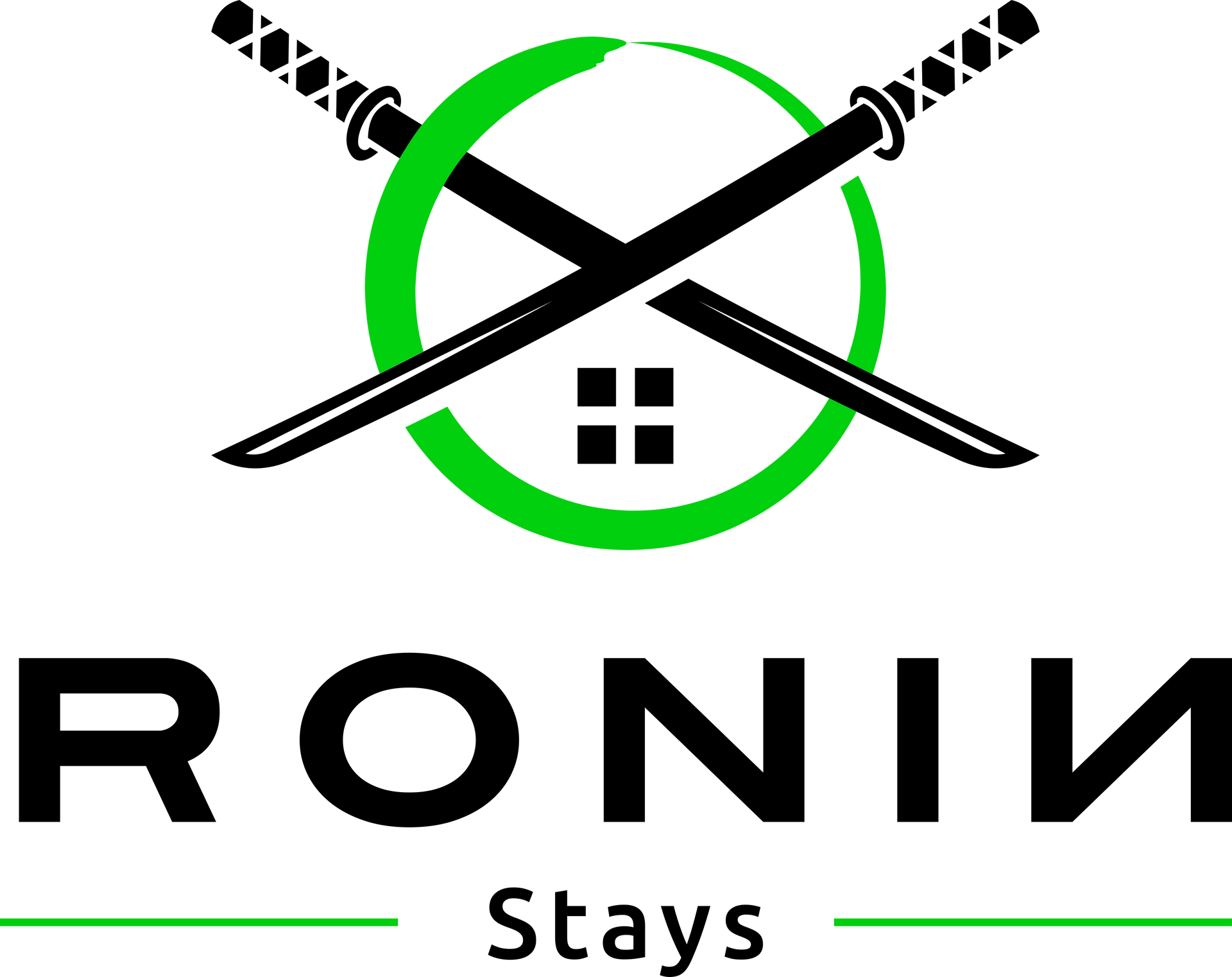 A logo for ronin stays with two crossed swords in a green circle.