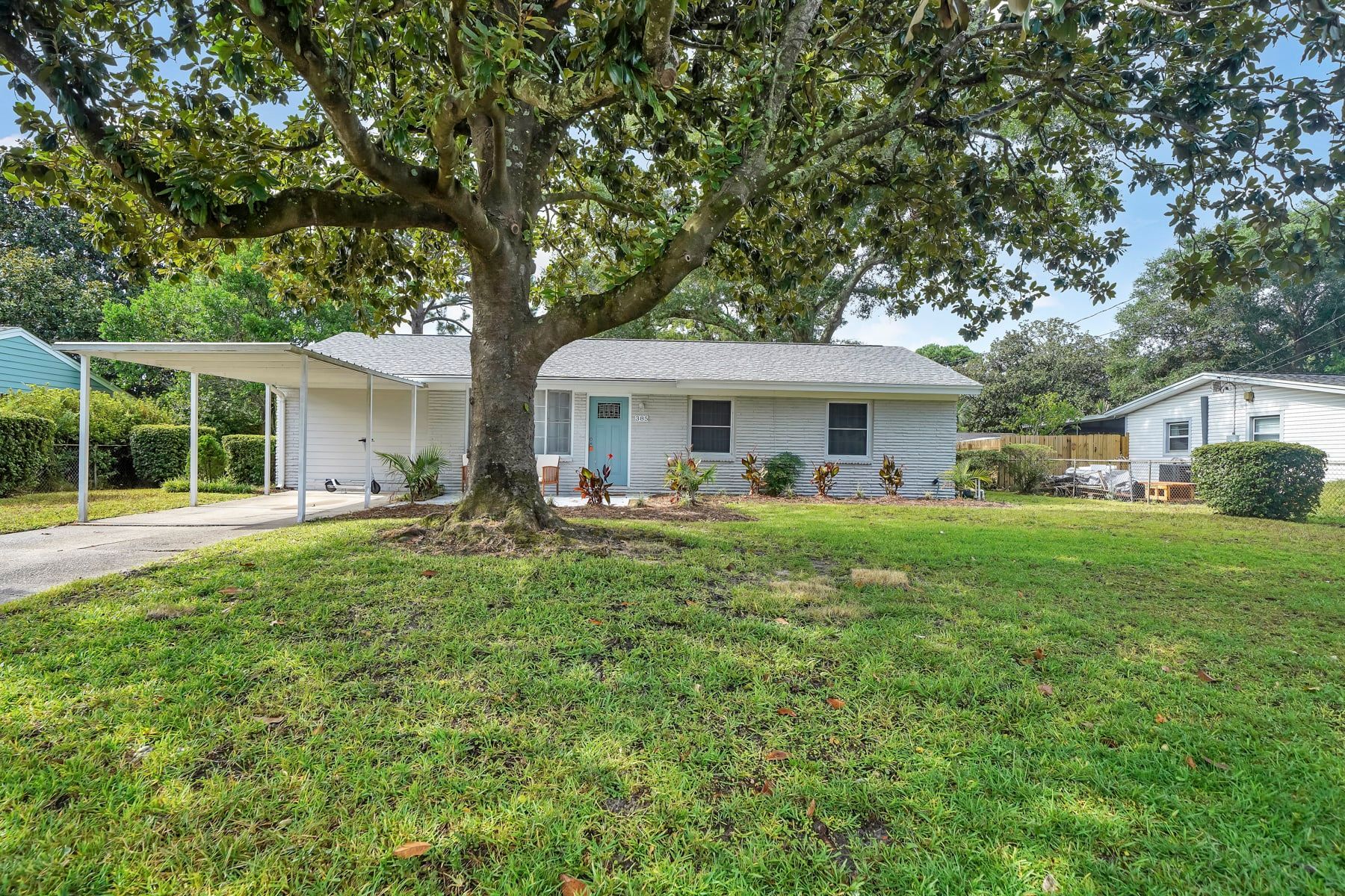 A white house with a large tree in front of it.