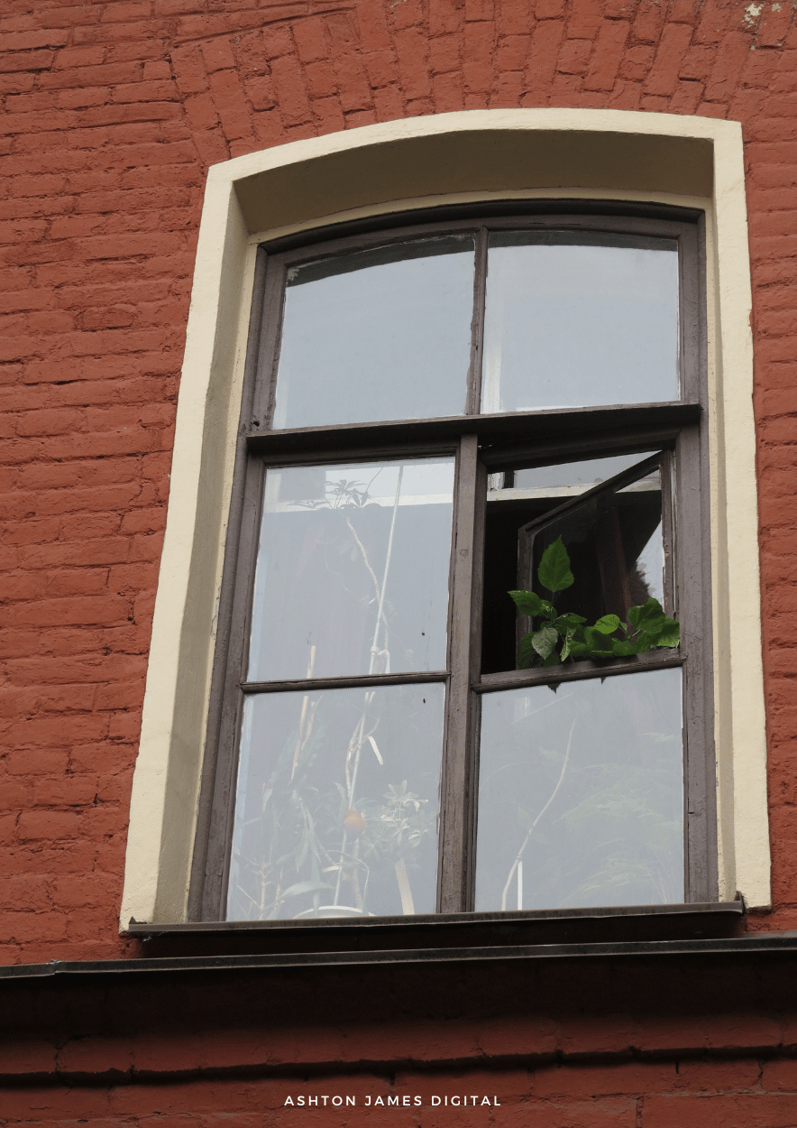 Window with beige trim in red brick wall. One pane partially open with plants inside.