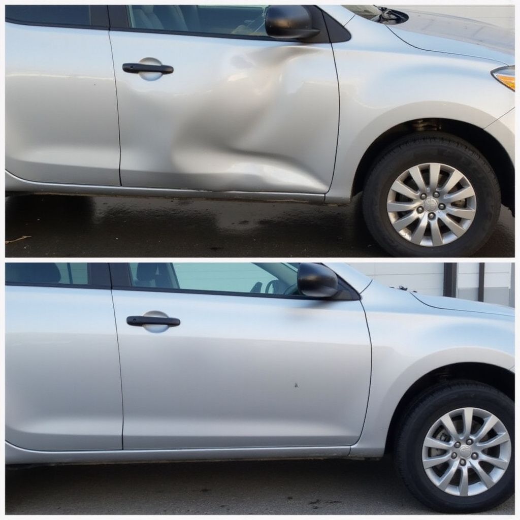 Silver car before and after dent repair. The damaged side door is fixed.