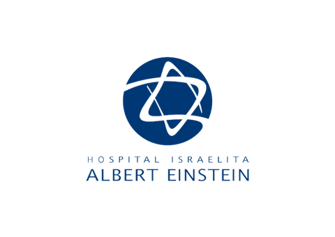 Logotipo do Hospital Israelita Albert Einstein: Círculo azul com uma Estrela de Davi; texto abaixo.