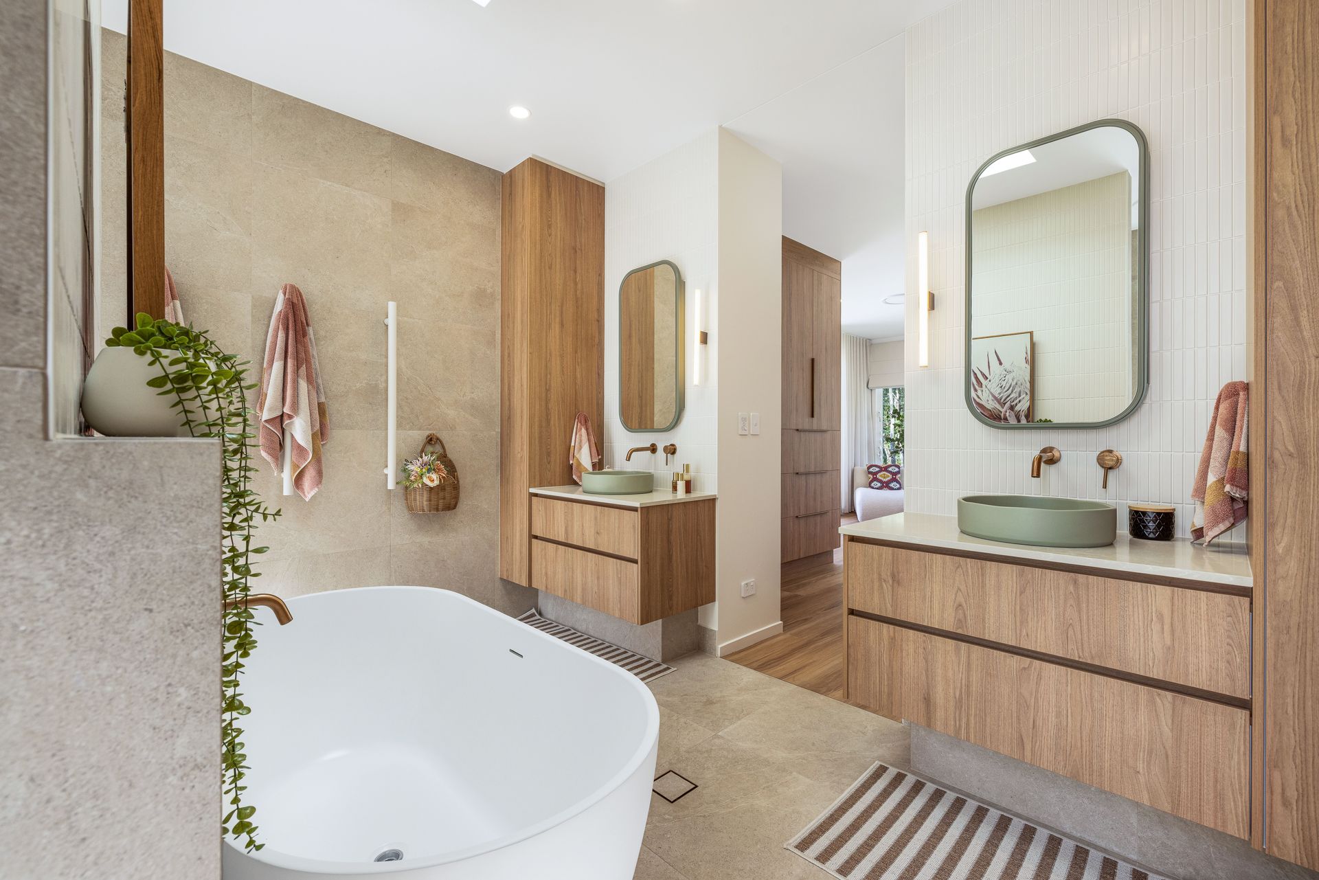 Bathroom With Double Sink Vanity, Light Wood Cabinet — Master Cabinets Bundaberg in Kensington, QLD