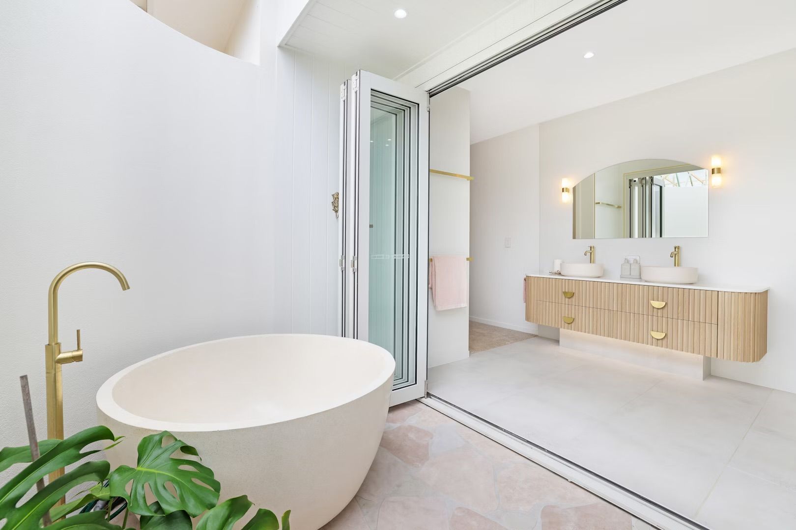Modern White Kitchen With Floating Shelves — Master Cabinets Bundaberg in Kensington, QLD