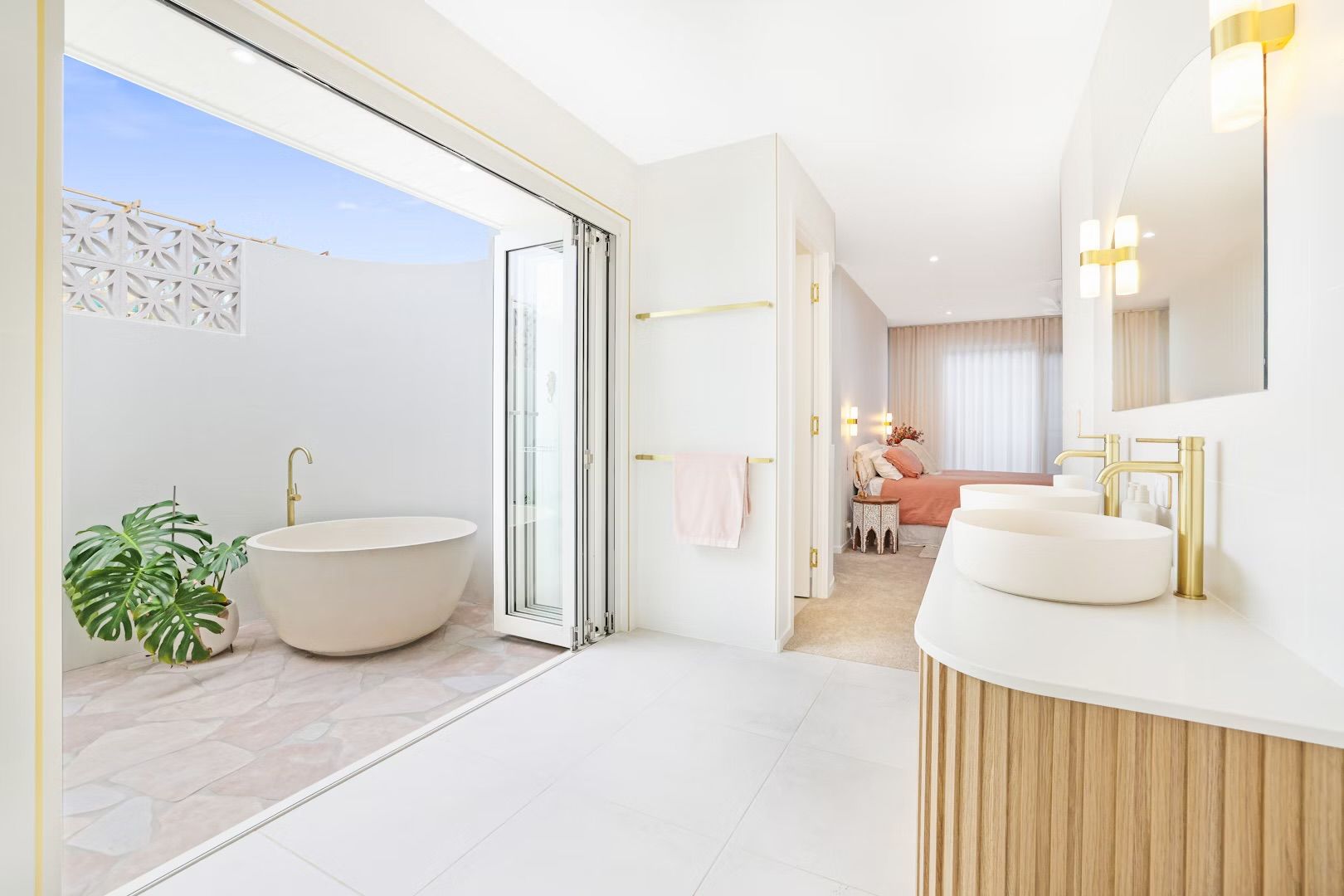 Bathroom With Double Sink Vanity, Light Wood Cabinet — Master Cabinets Bundaberg in Kensington, QLD