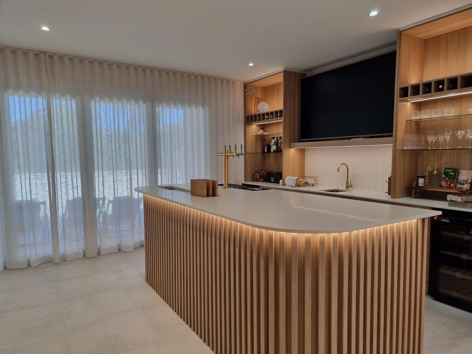 A Bathroom With A Sink, Mirror And Shelves — Master Cabinets Bundaberg in Agnes Water, QLD