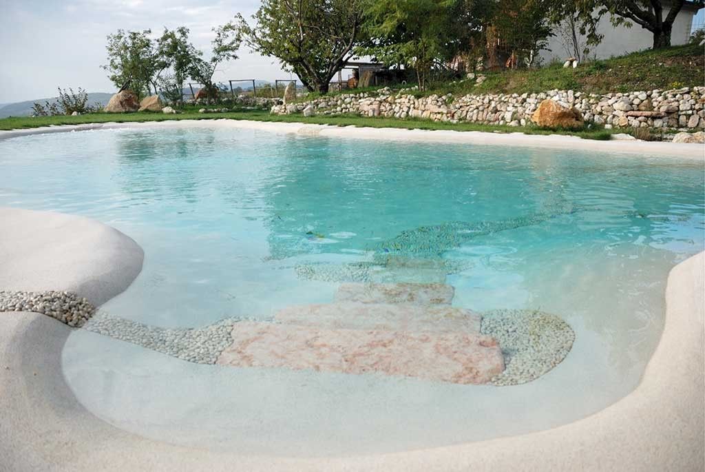 Piscina dall'aspetto naturale, con acqua azzurra e bordo in pietra, circondata dal verde e da una riva erbosa.